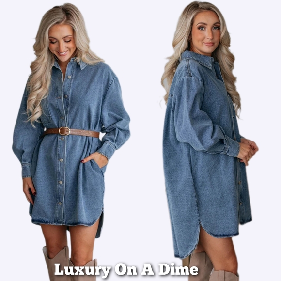 Oversized Denim Boyfriend Pocket Jean Collar Shirt Dress Long Sleeve High-low Mi - Picture 2 of 14